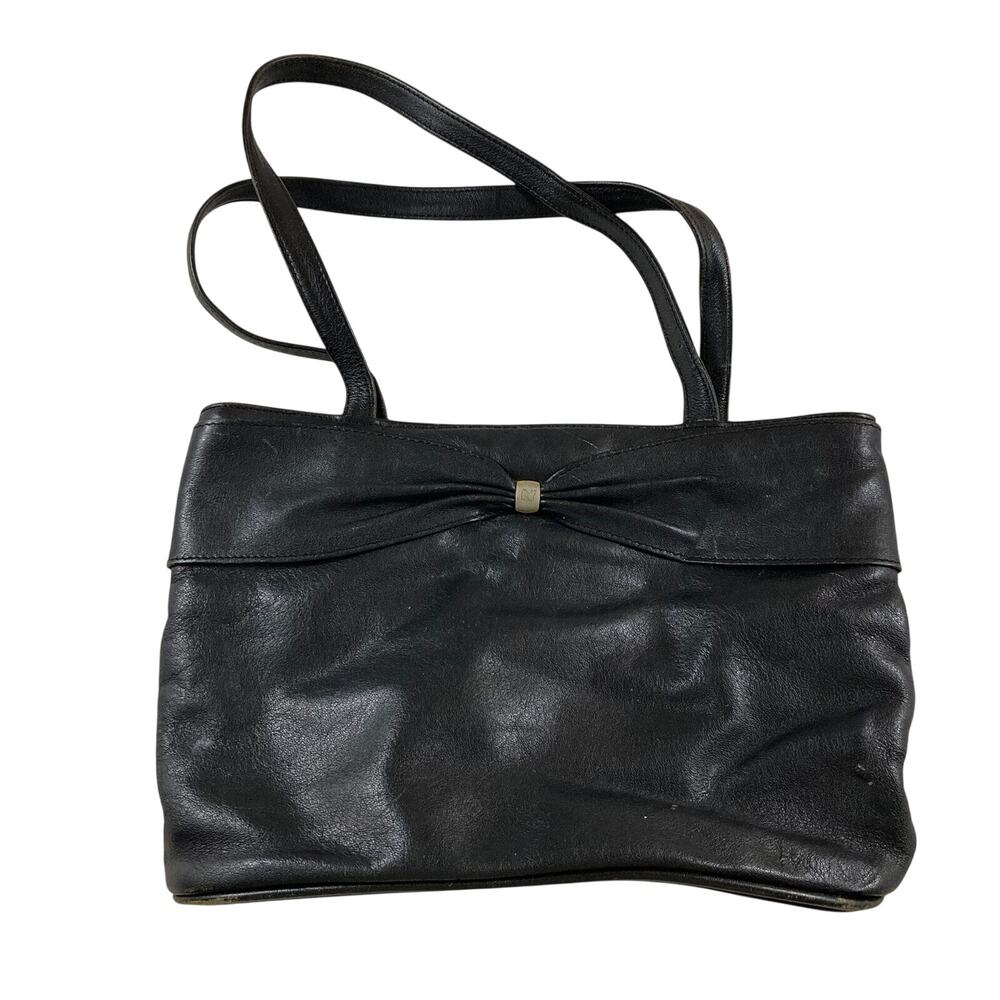 Black Leather Purse Nina Ricci Double Strap Shoulder Bow Bag Vintage